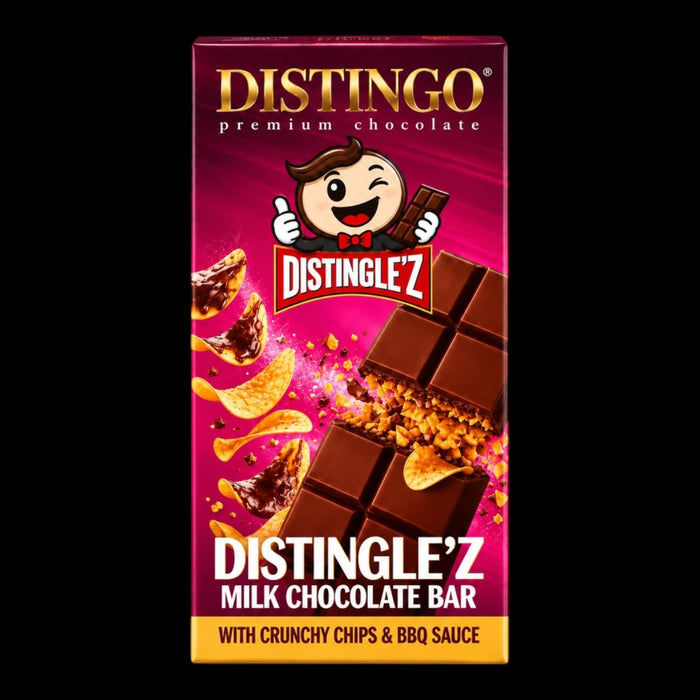 Distingo Premium Chocolate Distingle'z Milk Chocolate Bar with Crunchy Chips & BBQ Sauce 140g